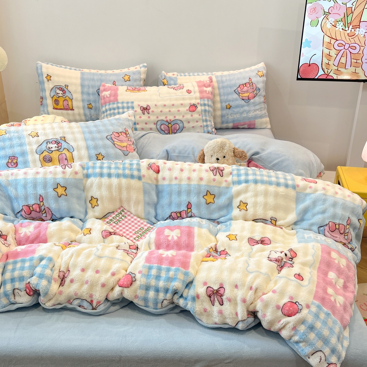 91家纺网 家纺一手货源 找家纺 金梦拉 2025直播爆款牛奶绒泡泡绒印花四件套 甜心小猫