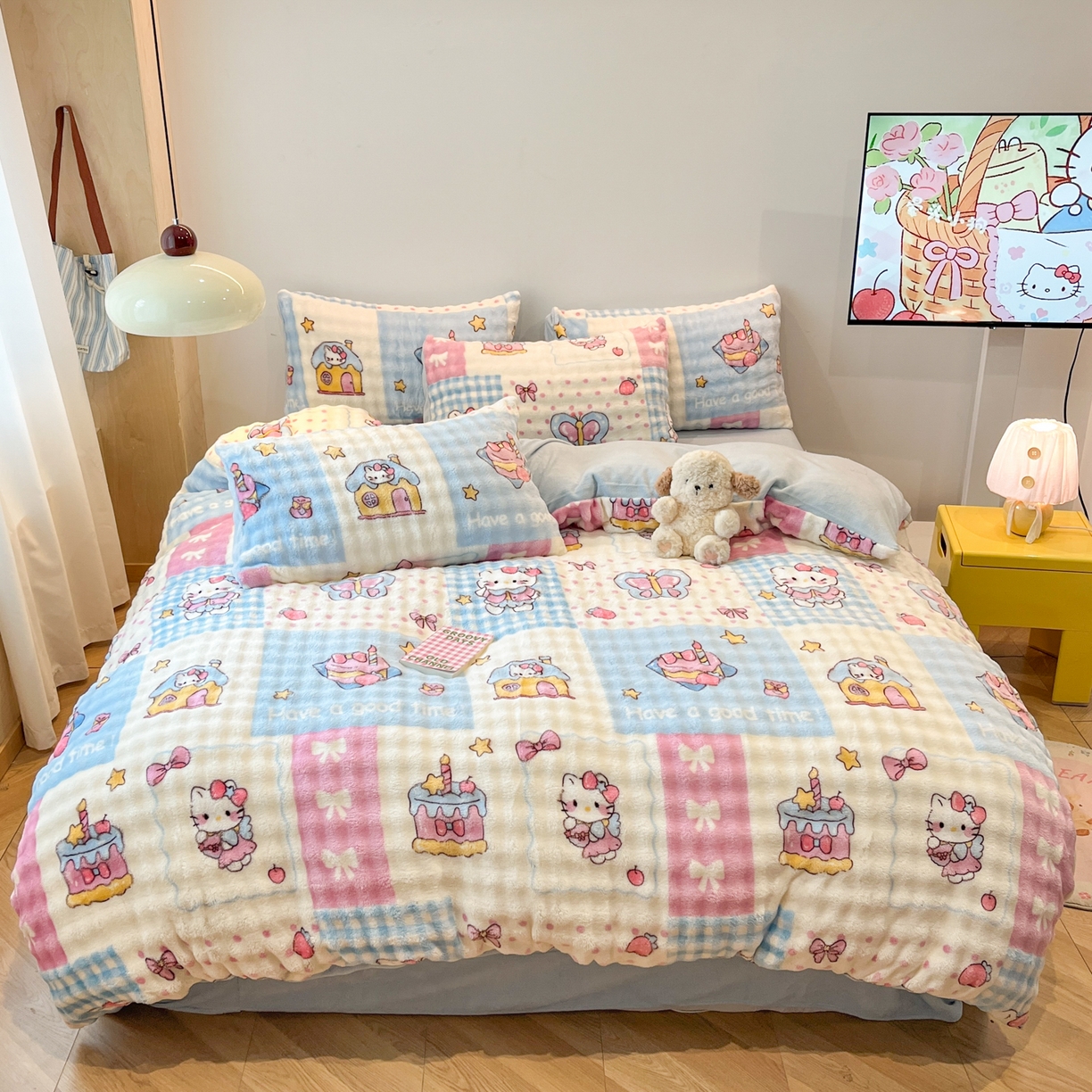 91家纺网 家纺一手货源 找家纺 金梦拉 2025直播爆款牛奶绒泡泡绒印花四件套 甜心小猫