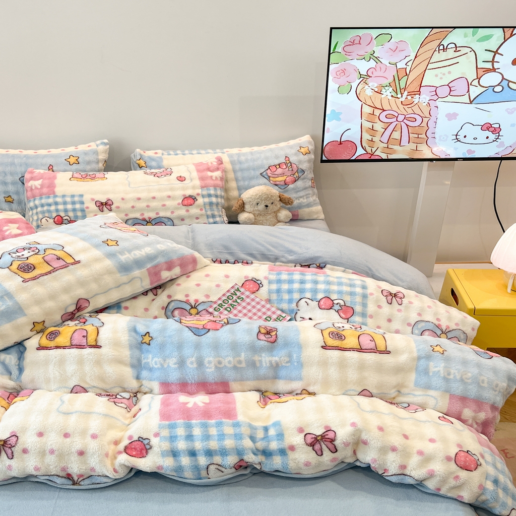 91家纺网 家纺一手货源 找家纺 金梦拉 2025直播爆款牛奶绒泡泡绒印花四件套 甜心小猫