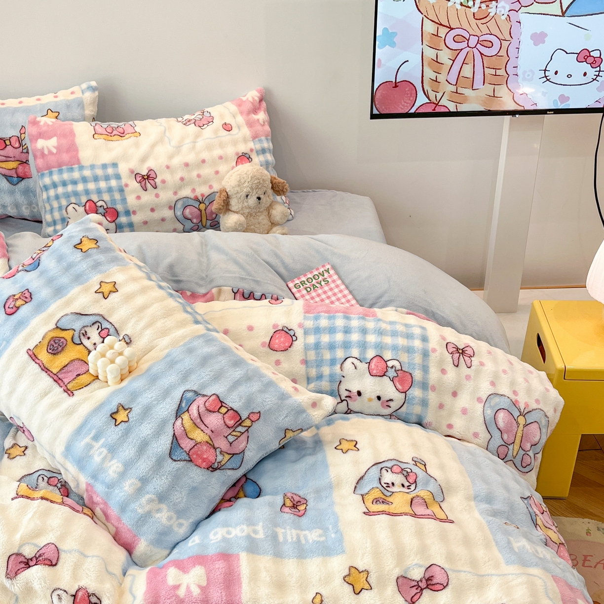 91家纺网 家纺一手货源 找家纺 金梦拉 2025直播爆款牛奶绒泡泡绒印花四件套 甜心小猫