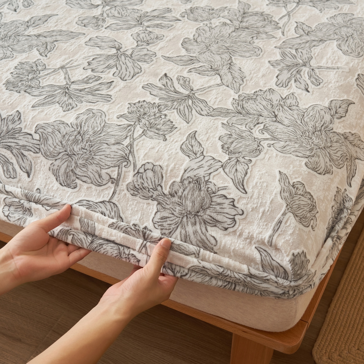 91家纺网 家纺一手货源 找家纺 （总）爱乐家纺 2025新款烂花牛奶绒床笠系列