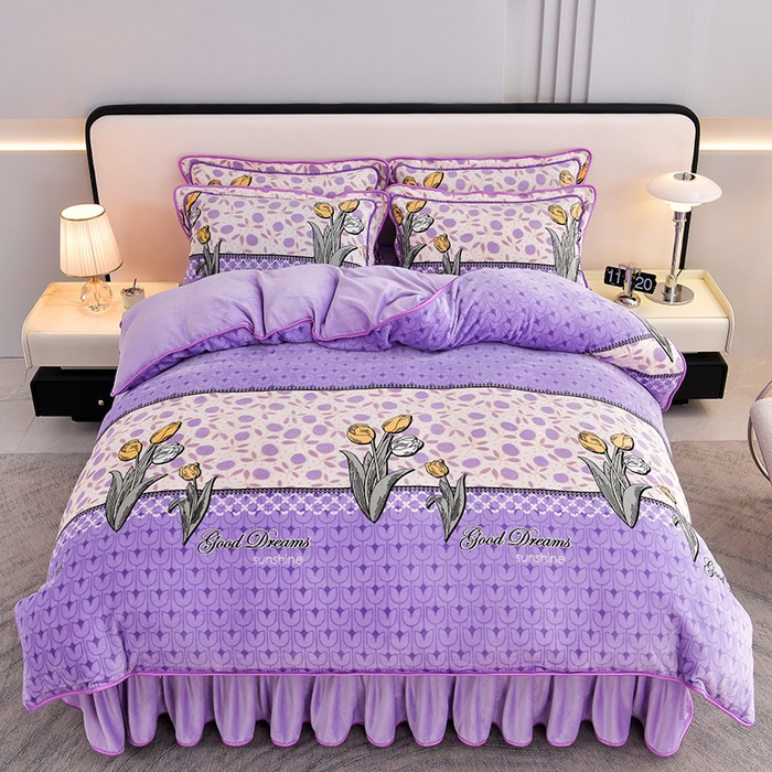 91家纺网 家纺一手货源 找家纺 （总）绘萱2025新品爆款8斤包边印花牛奶绒四件套床裙款法莱绒金貂貂狐