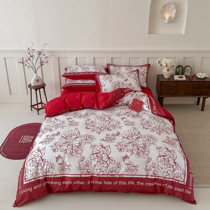 91家纺网 家纺一手货源 找家纺 花伞 2024新款婚庆款加厚亲肤磨毛水洗棉柔软四件套春风十里