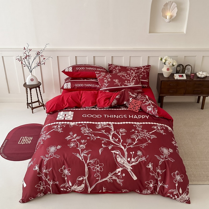 91家纺网 家纺一手货源 找家纺 花伞 2024新款婚庆款加厚亲肤磨毛水洗棉柔软四件套佳偶天成