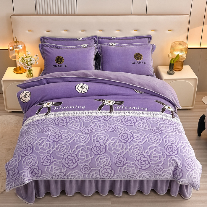 91家纺网 家纺一手货源 找家纺 （总）绘萱2025新品爆款8斤包边印花牛奶绒四件套床裙款法莱绒金貂貂狐