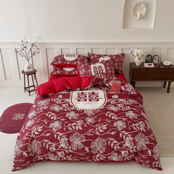 91家纺网 家纺一手货源 找家纺 花伞 2024新款婚庆款加厚亲肤磨毛水洗棉柔软四件套幸福绵延