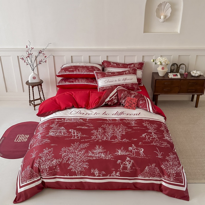 91家纺网 家纺一手货源 找家纺 花伞 2024新款婚庆款加厚亲肤磨毛水洗棉柔软四件套一生幸福