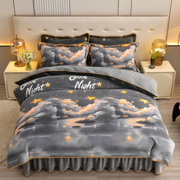 91家纺网 家纺一手货源 找家纺 （总）绘萱2025新品爆款8斤包边印花牛奶绒四件套床裙款法莱绒金貂貂狐