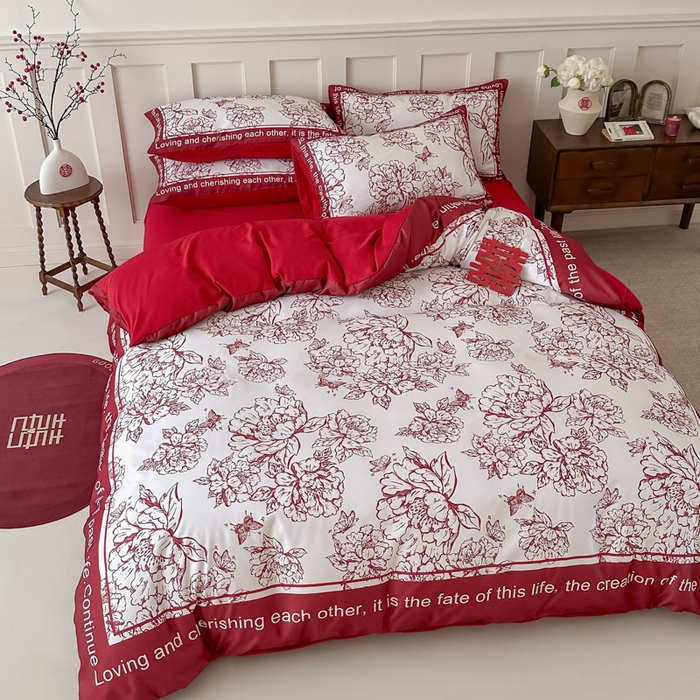 91家纺网 家纺一手货源 找家纺 花伞 2024新款婚庆款加厚亲肤磨毛水洗棉柔软四件套春风十里