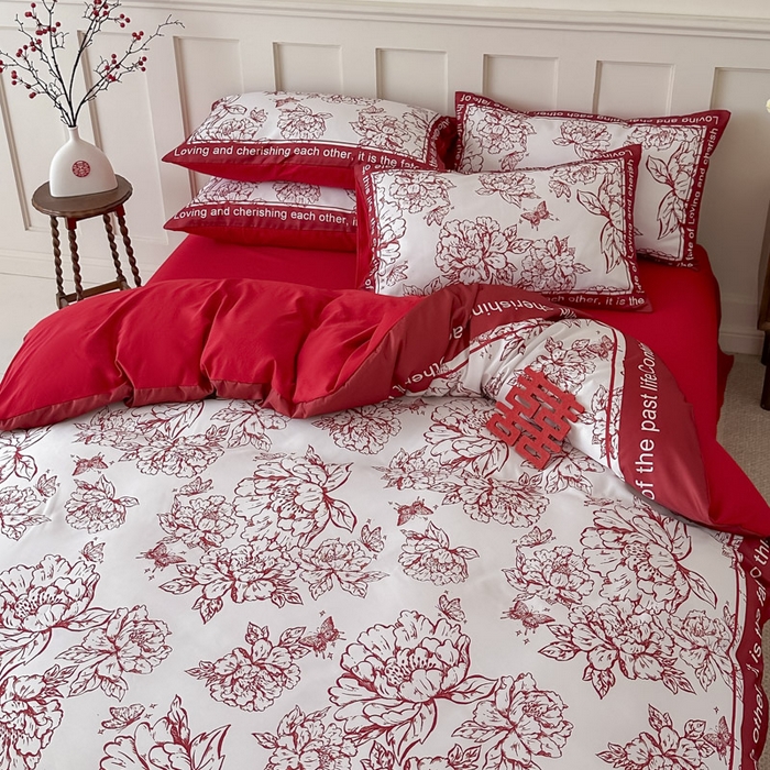 91家纺网 家纺一手货源 找家纺 花伞 2024新款婚庆款加厚亲肤磨毛水洗棉柔软四件套春风十里