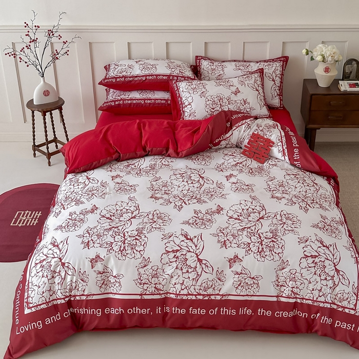 91家纺网 家纺一手货源 找家纺 花伞 2024新款婚庆款加厚亲肤磨毛水洗棉柔软四件套春风十里