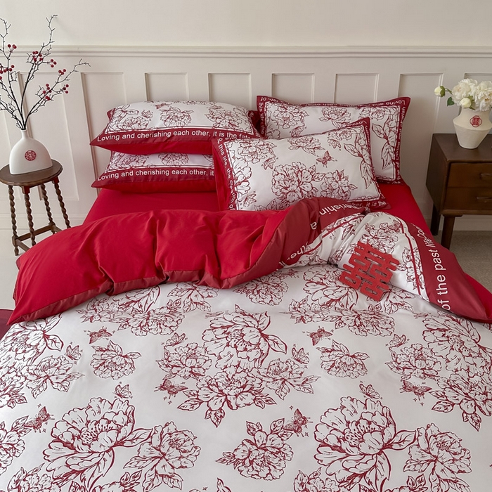 91家纺网 家纺一手货源 找家纺 花伞 2024新款婚庆款加厚亲肤磨毛水洗棉柔软四件套春风十里