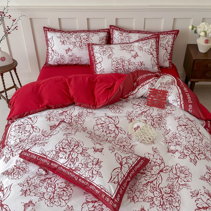 91家纺网 家纺一手货源 找家纺 花伞 2024新款婚庆款加厚亲肤磨毛水洗棉柔软四件套春风十里