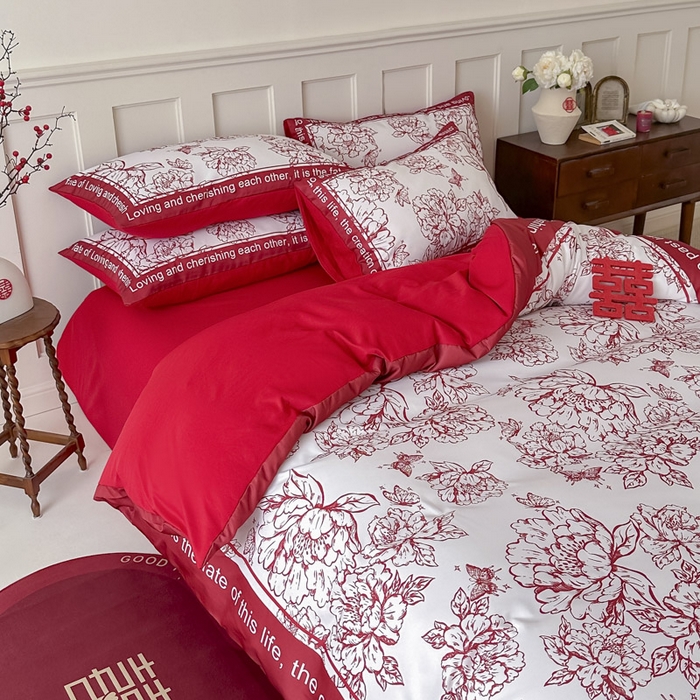 91家纺网 家纺一手货源 找家纺 花伞 2024新款婚庆款加厚亲肤磨毛水洗棉柔软四件套春风十里