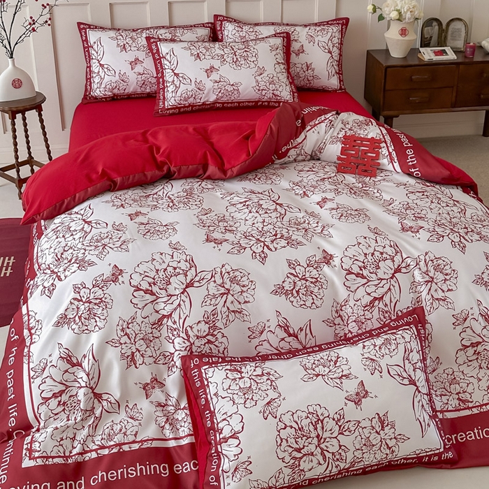 91家纺网 家纺一手货源 找家纺 花伞 2024新款婚庆款加厚亲肤磨毛水洗棉柔软四件套春风十里