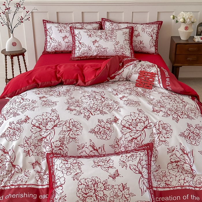 91家纺网 家纺一手货源 找家纺 花伞 2024新款婚庆款加厚亲肤磨毛水洗棉柔软四件套春风十里