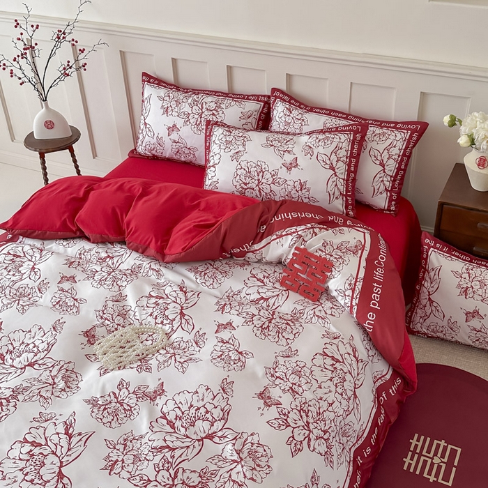 91家纺网 家纺一手货源 找家纺 花伞 2024新款婚庆款加厚亲肤磨毛水洗棉柔软四件套春风十里