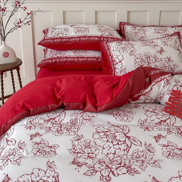 91家纺网 家纺一手货源 找家纺 花伞 2024新款婚庆款加厚亲肤磨毛水洗棉柔软四件套春风十里