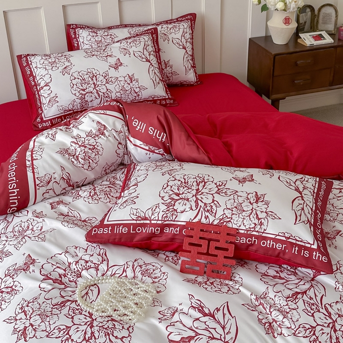 91家纺网 家纺一手货源 找家纺 花伞 2024新款婚庆款加厚亲肤磨毛水洗棉柔软四件套春风十里