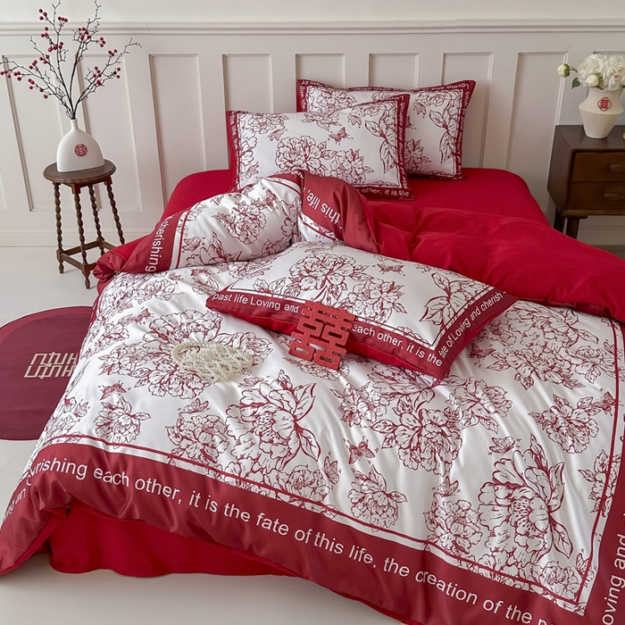 91家纺网 家纺一手货源 找家纺 花伞 2024新款婚庆款加厚亲肤磨毛水洗棉柔软四件套春风十里