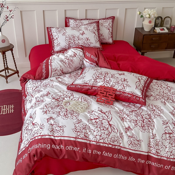 91家纺网 家纺一手货源 找家纺 花伞 2024新款婚庆款加厚亲肤磨毛水洗棉柔软四件套春风十里