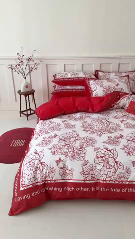 91家纺网 家纺一手货源 找家纺 花伞 2024新款婚庆款加厚亲肤磨毛水洗棉柔软四件套春风十里