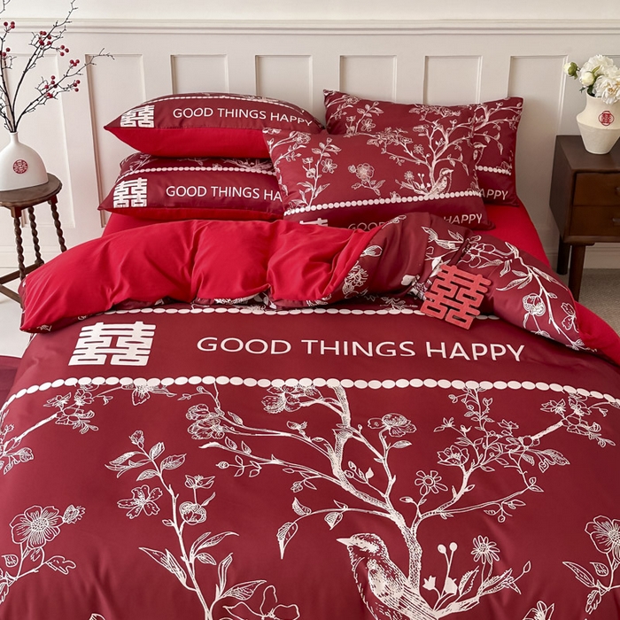 91家纺网 家纺一手货源 找家纺 花伞 2024新款婚庆款加厚亲肤磨毛水洗棉柔软四件套佳偶天成