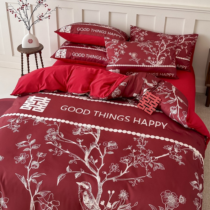 91家纺网 家纺一手货源 找家纺 花伞 2024新款婚庆款加厚亲肤磨毛水洗棉柔软四件套佳偶天成