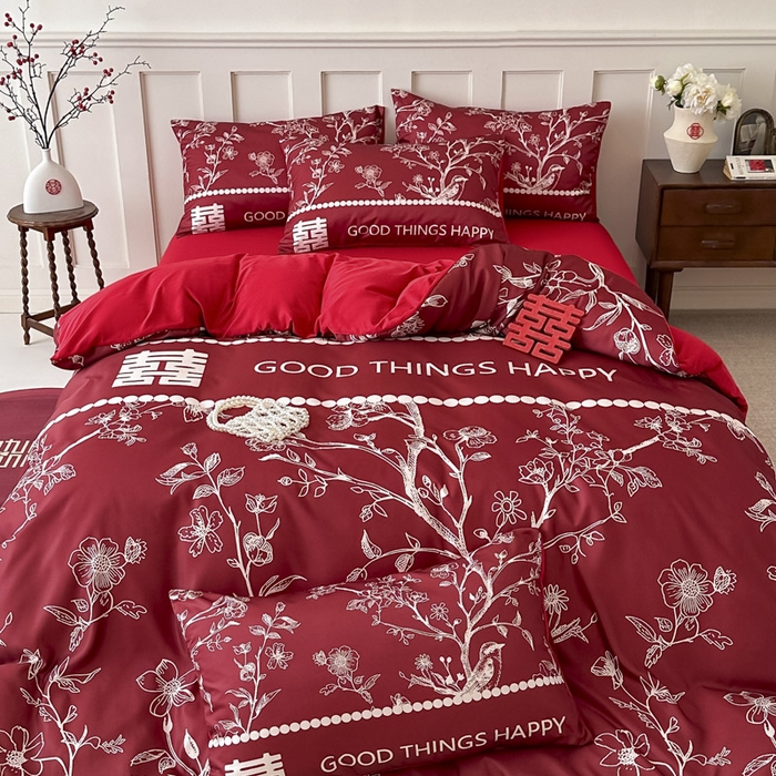 91家纺网 家纺一手货源 找家纺 花伞 2024新款婚庆款加厚亲肤磨毛水洗棉柔软四件套佳偶天成