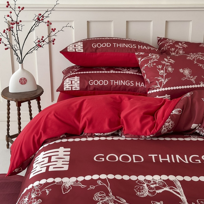 91家纺网 家纺一手货源 找家纺 花伞 2024新款婚庆款加厚亲肤磨毛水洗棉柔软四件套佳偶天成