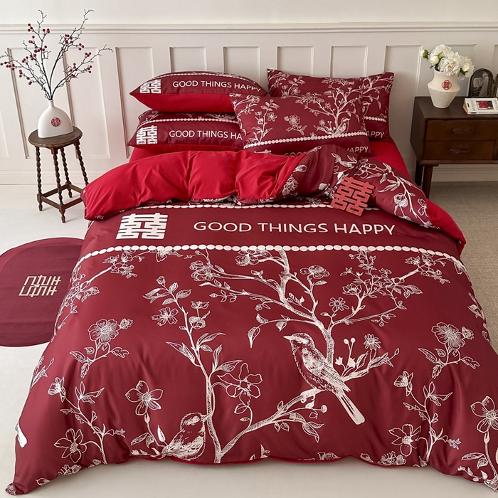 91家纺网 家纺一手货源 找家纺 花伞 2024新款婚庆款加厚亲肤磨毛水洗棉柔软四件套佳偶天成