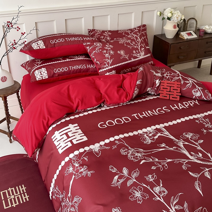 91家纺网 家纺一手货源 找家纺 花伞 2024新款婚庆款加厚亲肤磨毛水洗棉柔软四件套佳偶天成