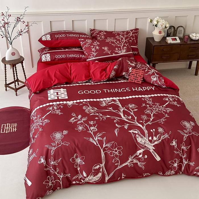 91家纺网 家纺一手货源 找家纺 花伞 2024新款婚庆款加厚亲肤磨毛水洗棉柔软四件套佳偶天成