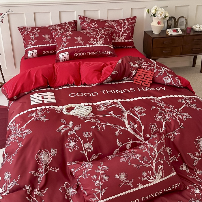 91家纺网 家纺一手货源 找家纺 花伞 2024新款婚庆款加厚亲肤磨毛水洗棉柔软四件套佳偶天成