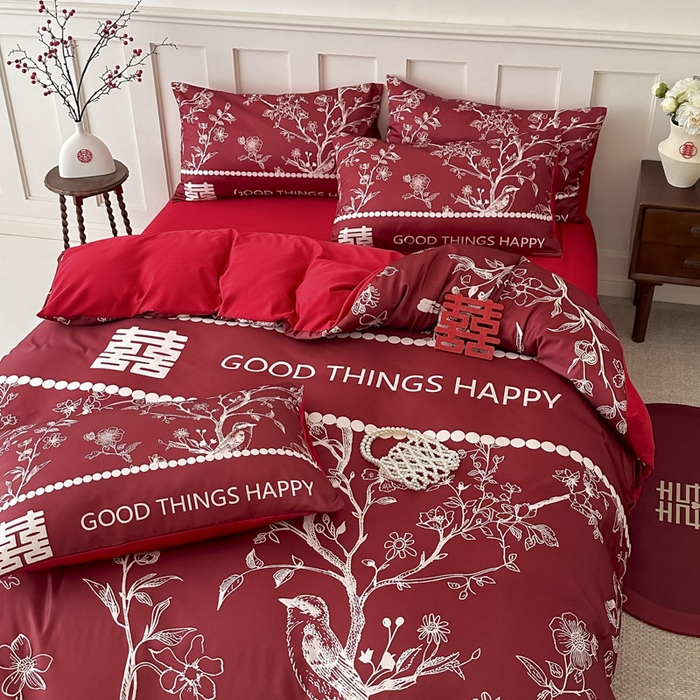 91家纺网 家纺一手货源 找家纺 花伞 2024新款婚庆款加厚亲肤磨毛水洗棉柔软四件套佳偶天成