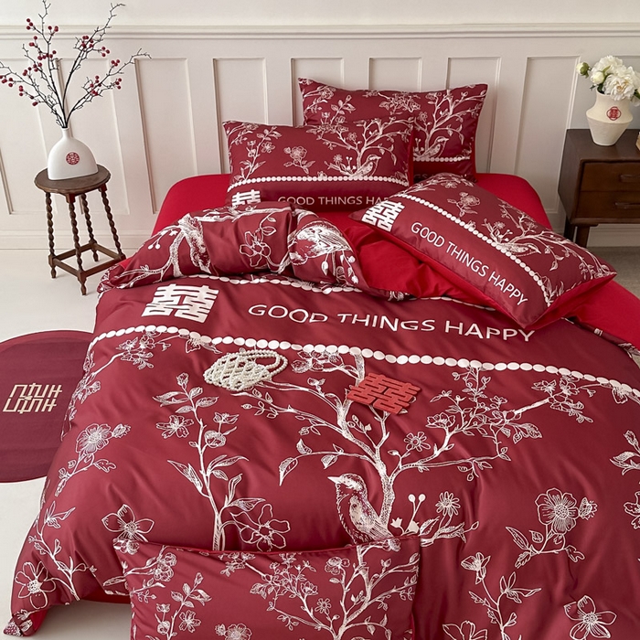 91家纺网 家纺一手货源 找家纺 花伞 2024新款婚庆款加厚亲肤磨毛水洗棉柔软四件套佳偶天成