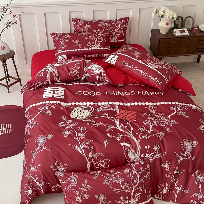 91家纺网 家纺一手货源 找家纺 花伞 2024新款婚庆款加厚亲肤磨毛水洗棉柔软四件套佳偶天成