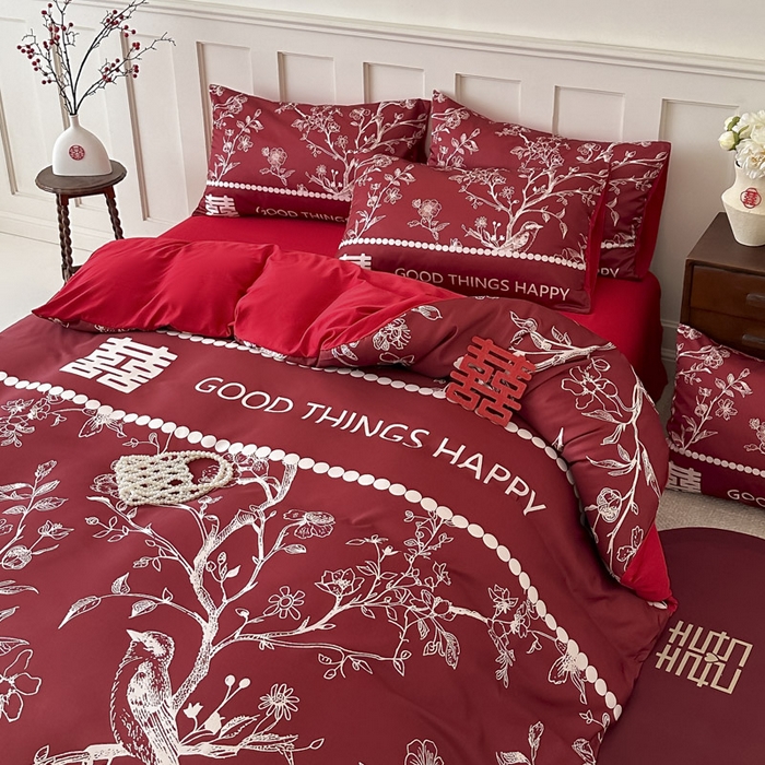 91家纺网 家纺一手货源 找家纺 花伞 2024新款婚庆款加厚亲肤磨毛水洗棉柔软四件套佳偶天成