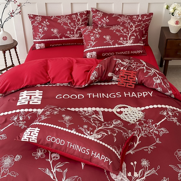 91家纺网 家纺一手货源 找家纺 花伞 2024新款婚庆款加厚亲肤磨毛水洗棉柔软四件套佳偶天成