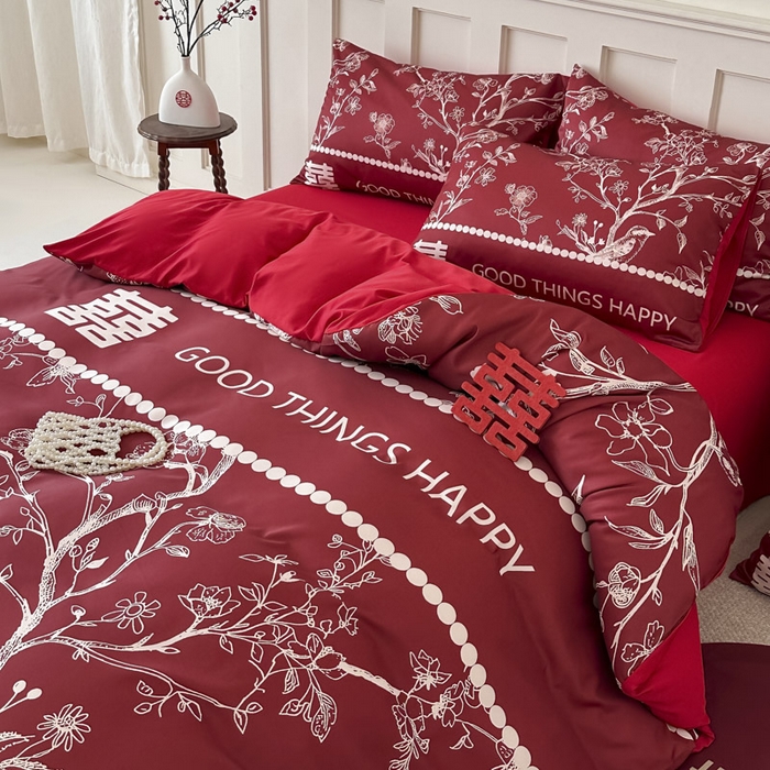 91家纺网 家纺一手货源 找家纺 花伞 2024新款婚庆款加厚亲肤磨毛水洗棉柔软四件套佳偶天成