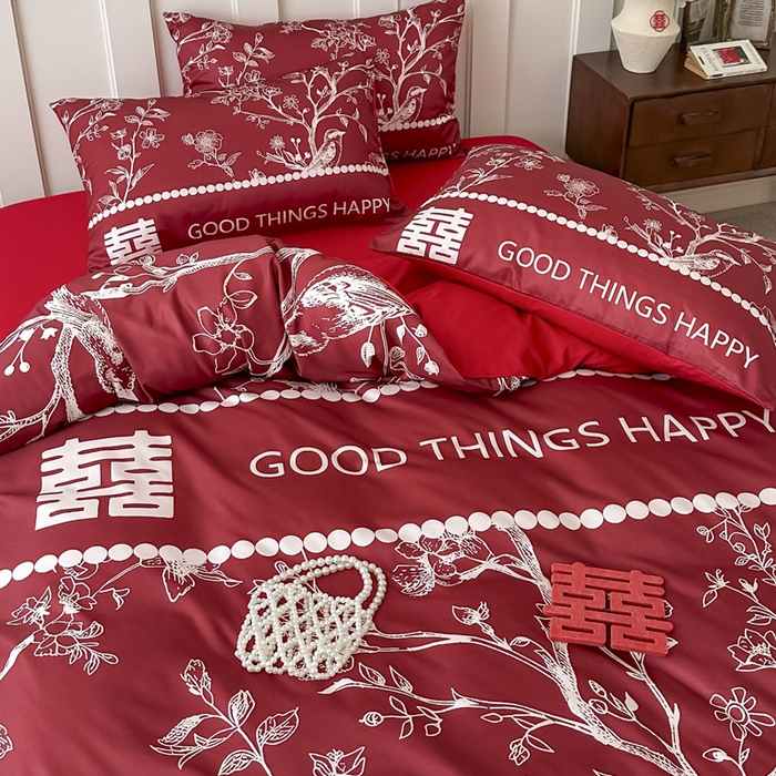 91家纺网 家纺一手货源 找家纺 花伞 2024新款婚庆款加厚亲肤磨毛水洗棉柔软四件套佳偶天成