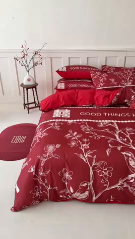 91家纺网 家纺一手货源 找家纺 花伞 2024新款婚庆款加厚亲肤磨毛水洗棉柔软四件套佳偶天成