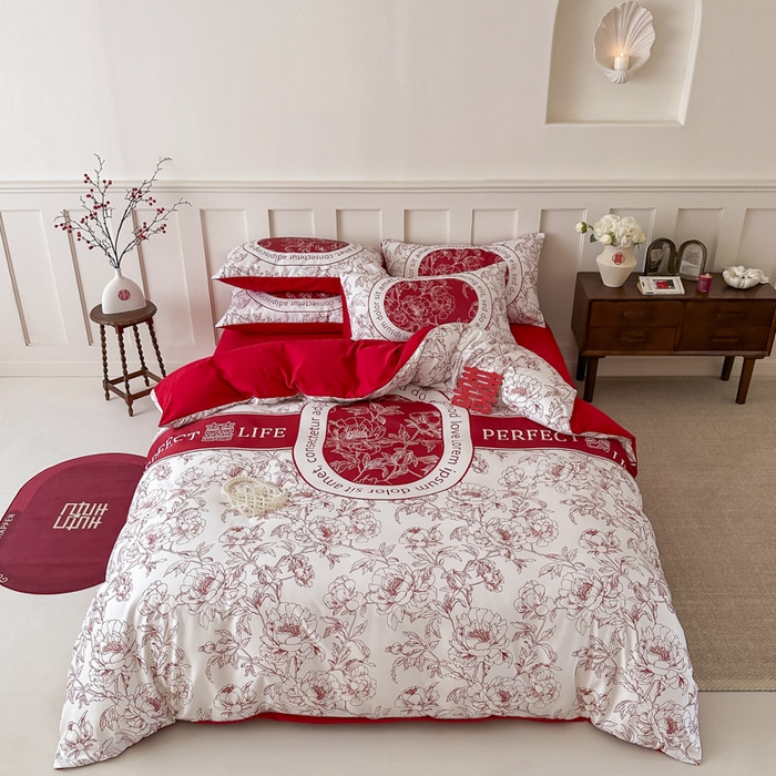 91家纺网 家纺一手货源 找家纺 花伞 2024新款婚庆款加厚亲肤磨毛水洗棉柔软四件套喜事连连