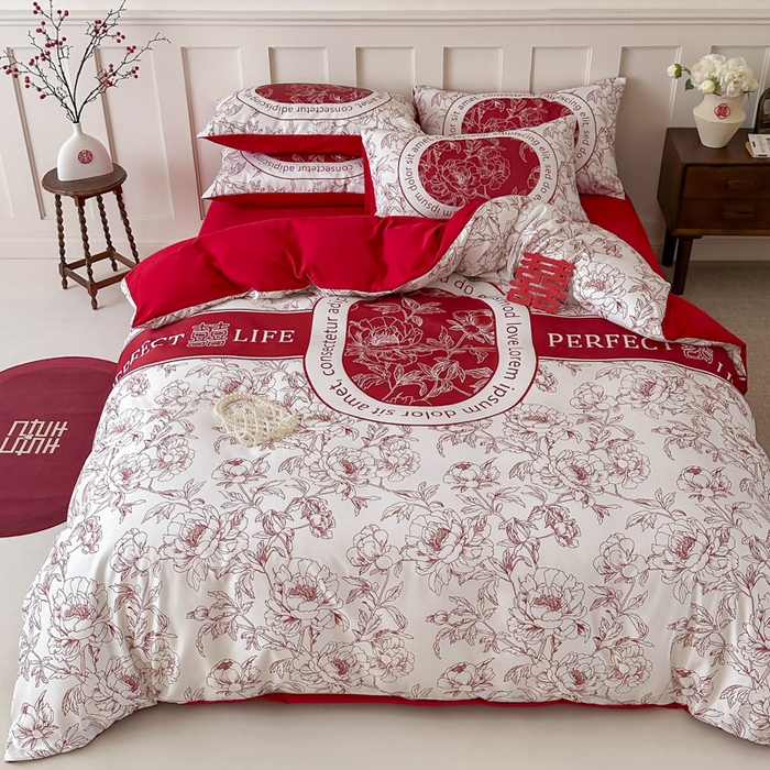 91家纺网 家纺一手货源 找家纺 花伞 2024新款婚庆款加厚亲肤磨毛水洗棉柔软四件套喜事连连