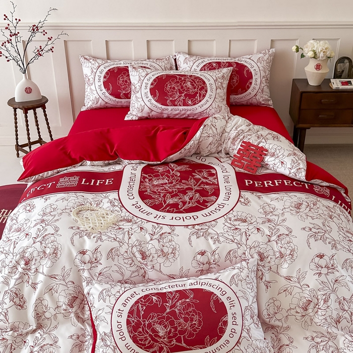 91家纺网 家纺一手货源 找家纺 花伞 2024新款婚庆款加厚亲肤磨毛水洗棉柔软四件套喜事连连