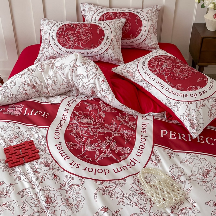 91家纺网 家纺一手货源 找家纺 花伞 2024新款婚庆款加厚亲肤磨毛水洗棉柔软四件套喜事连连