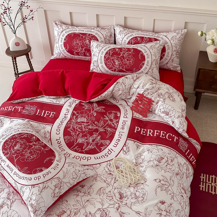 91家纺网 家纺一手货源 找家纺 花伞 2024新款婚庆款加厚亲肤磨毛水洗棉柔软四件套喜事连连