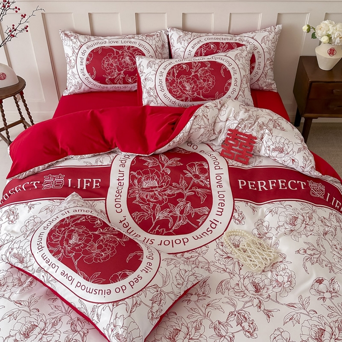 91家纺网 家纺一手货源 找家纺 花伞 2024新款婚庆款加厚亲肤磨毛水洗棉柔软四件套喜事连连