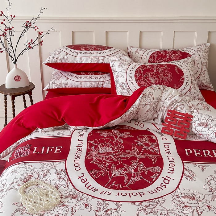 91家纺网 家纺一手货源 找家纺 花伞 2024新款婚庆款加厚亲肤磨毛水洗棉柔软四件套喜事连连