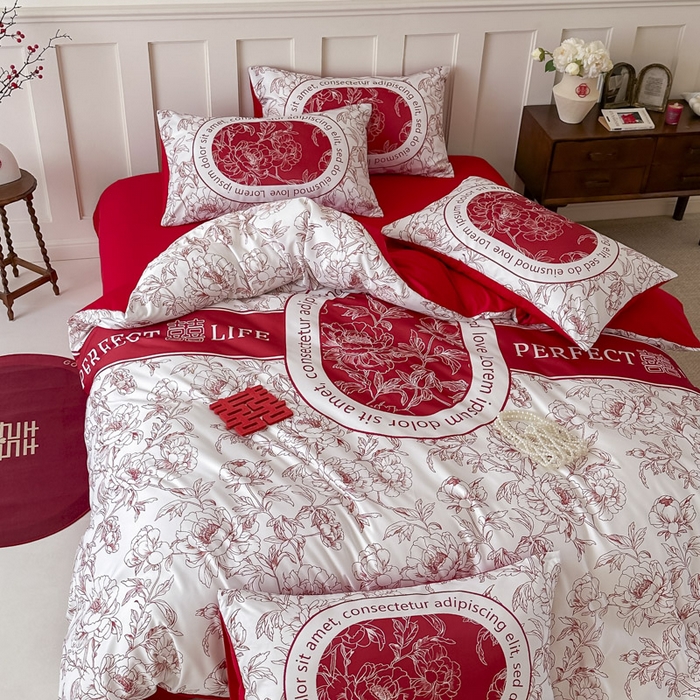 91家纺网 家纺一手货源 找家纺 花伞 2024新款婚庆款加厚亲肤磨毛水洗棉柔软四件套喜事连连